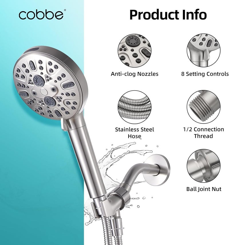 Cobbe Handheld Shower Head with Filter, High Pressure 9 Spray Mode Showerhead Built-in Power Wash with Hose, Bracket and Water Softener for Hard Water Remove Chlorine, Brushed Nickel - Image 5